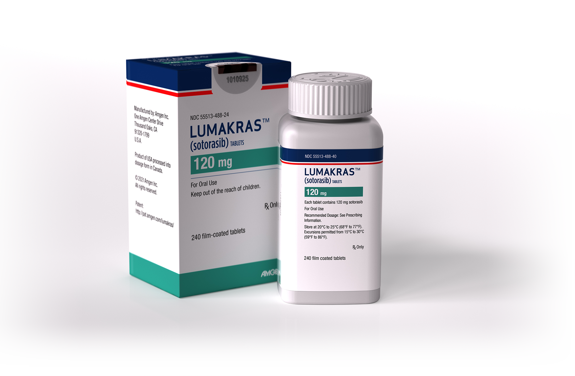 Box and bottle of Lumakras KRAS cancer drug from Amgen