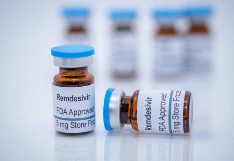 vials of Gilead Sciences COVID-19 coronavirus drug remdesivir on white background