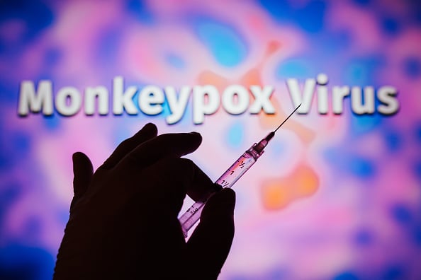 Hand holding syringe in front of image that reads Monkeypox Virus