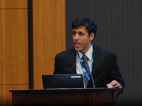 Dr. Alexander Sandhu of Stanford Medicine describes the significance of AI identifying incidental coronary artery calcium at UCLA Health Data Day on May 11, 2023 (photo credit: Robin Mervin)