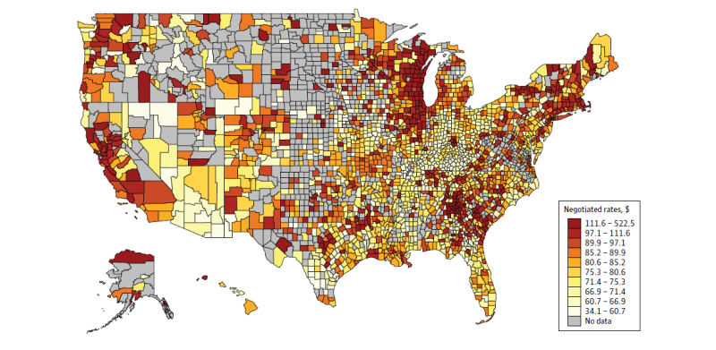A map of negotiated rates for established patient office visits by county