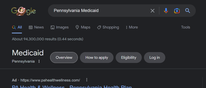 A screenshot of Google's new search tools for Medicaid
