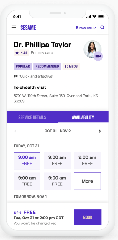 smartphone with screenshot of Sesame healthcare app