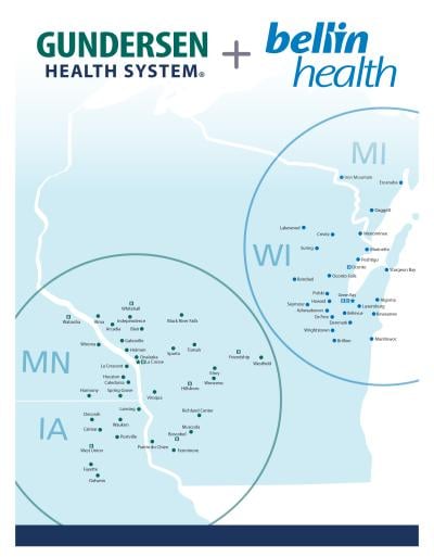 A map of Gundersen Health System and Bellin Health's respective markets