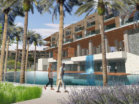 Fairmont Costa Canuva rendering with trees, a waterfall and the hotel building