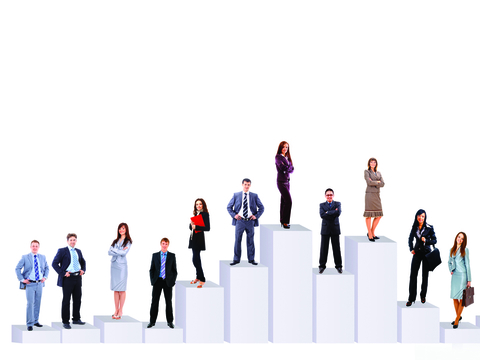 People standing on different levels of platforms