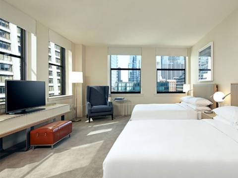 Hyatt Centric guestroom with bed, desk and TV