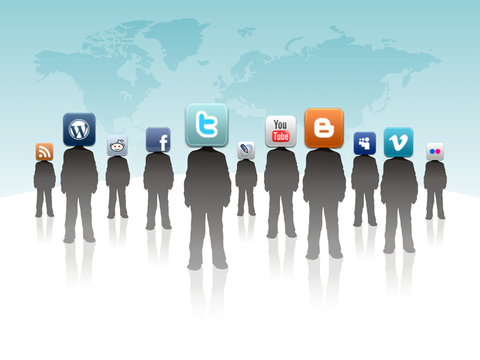 silhouettes of people with social media icons as heads