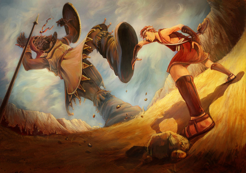A painting of David battling the giant Goliath