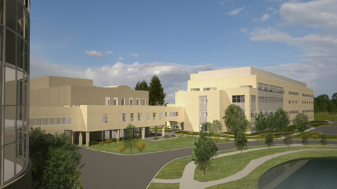 a digital rendering of a cluster of large buildings