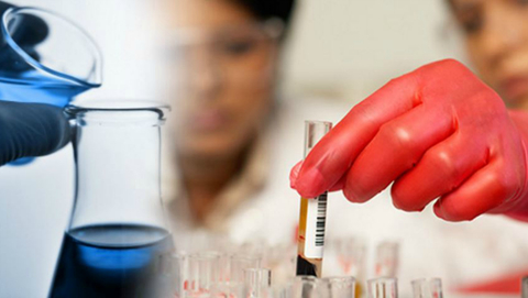 Scientists handling blue liquid in test tube and flask