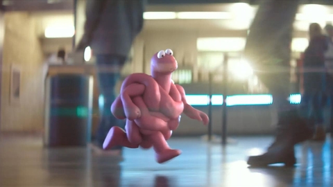 A cartoon running through an airport terminal