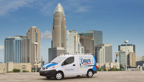 Google Fiber Charlotte Google Fiber van in front of Charlotte skyline