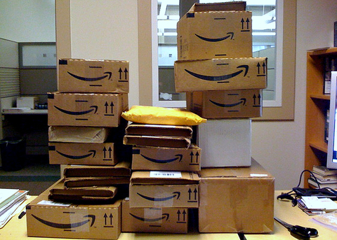 amazon shipping boxes on a desk