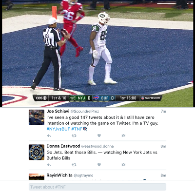 Twitter NFL TNF screenshot - 400 px (Twitter / NFL) iPad split-screen view of Twitter's first Thursday Night Football game