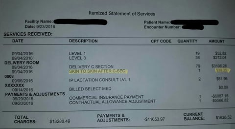 Hospital Bill skin-to-skin care Credit Reddit/halfthrottle The hospital bill showing a charge for skin-to-skin contact.