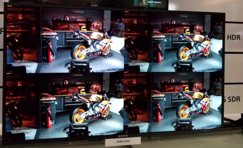 Sony multiscreen HD screens IBC 2016. (FOV/Sam Bookman) Multiple HD screens on display at the Sony broadcast booth at IBC 2016. Image: FierceOnlineVideo