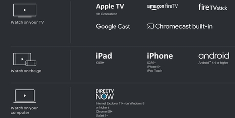 DirecTV Now devices (DirecTV Now) DirecTV Now devices (DirecTV Now)