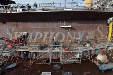 Symphony of the Seas Construction Credit Bernard Biger STX France Symphony of the Seas, Royal Caribbean's newest Oasis-class ship, under construction at the STX shipyard in France.