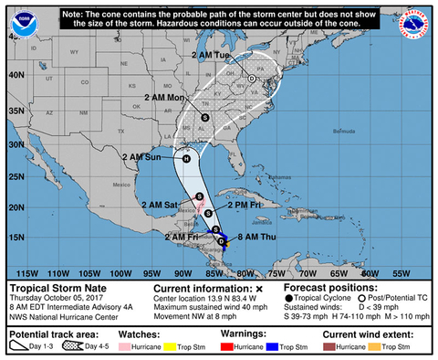 Tropical Storm Nate Monday Morning Map NOAA Forecast track for Tropical Storm Nate as of Monday morning