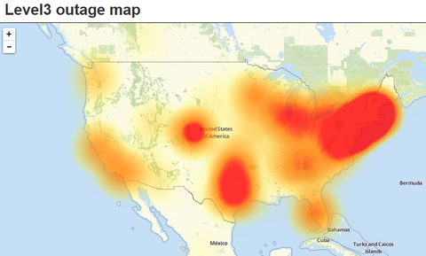Downdetector outage report Level 3 Oct. 21 2016 (screenshot) Screenshot of geographic locations from which users reported outages on Level 3's transport network, as of Oct. 21, 2016. (Downdetector.com)