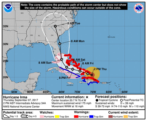 Hurricane Irma Map Thursday Afternoon NOAA Map showing forecast track of Hurricane Irma as of Thursday afternoon