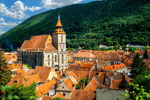 Brasov Romania Getty Brasov cityscape with black cathedral and mountain on backround in Romania