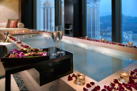 Banyan Tree Macau The Honeymoon Suite at the Banyan Tree Macau resort, with champagne.