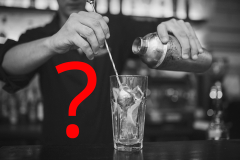 Black and white photo of bartender with question mark Black and white photo of bartender with cocktail shaker
