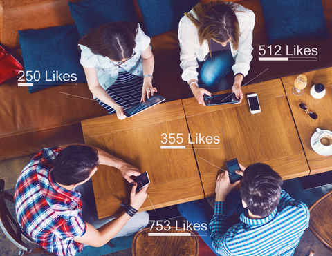 Group of people checking social media likes People counting social media post likes