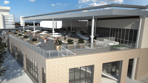 As part of the renovation at Texas AampM University an outdoor plaza which will include a large patio space with outdoor kitchen facilities will be constructed on top of the expanded weight and fitness room Rendering courtesy of Texas AampM University