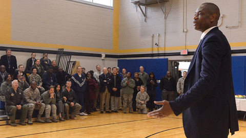 Dikembe Mutombo speaks to members of Team Dobbins on Nov 18 at the grand opening of the renovated fitness center at Dobbins Air Reserve Base in Marietta GA US Air Force photo by Don Peek