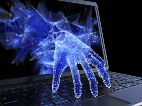Digital crime Digital arm reaching from inside laptop