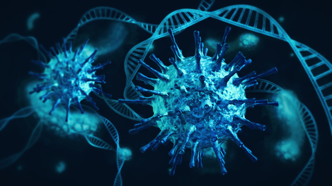 Ominous blue coronavirus cells intertwined with DNA and white blood cells on dark coronavirus