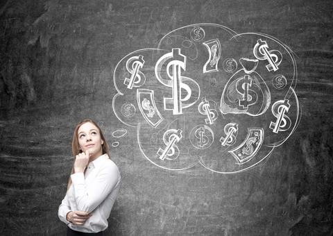Businesswoman thinking about money Successful woman thinking about money making ideas