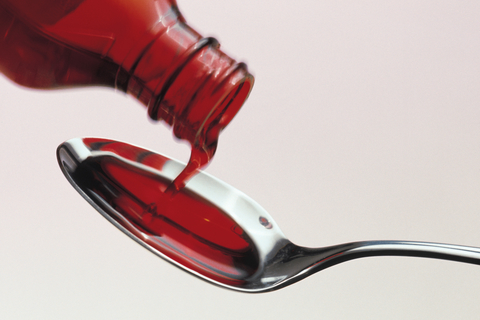 Cough syrup Cough syrup pouring from bottle onto spoon