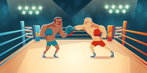 Boxers fighting on ring, opponents wrestling matc Boxers fighting on ring, opponents wrestling matc