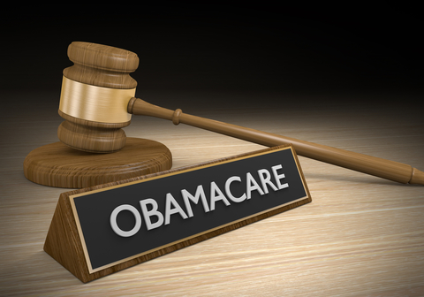 ACA/Obamacare law/court/enforcement 3D render of a court gavel next to a plaque that says "Obamacare"