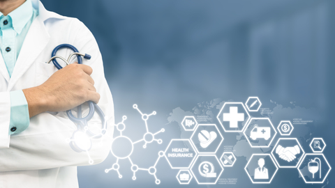 Health insurance technology Doctor in hospital with health insurance related icons in modern graphic interface showing symbol of healthcare person, money saving, medical treatment and benefits