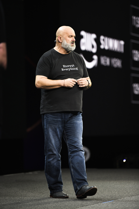 Amazon CTO Werner Vogels photo of Amazon CTO Werner Vogels on a stage giving a keynote speech