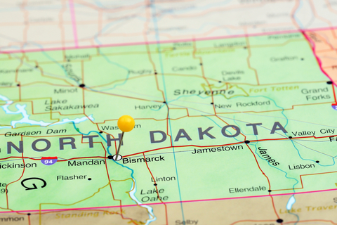 North Dakota A map of North Dakota with a pin in Bismarck