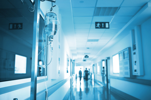 Hospital hallway A photo of a hospital hallway and an IV bag
