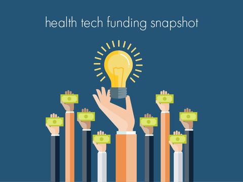 Health tech funding snapshot concept of one hand holding up a light bulb and other hands holding up money