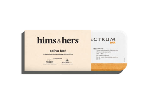 Hims & Hers at-home COVID test branded packaging with Hims & Hers logo for at-home COVID test