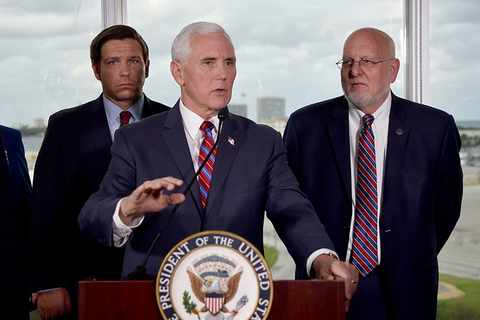 Vice President Pence Coronavirus Meeting AP Newscred Editorial Travel Group Only Vice President Mike Pence, center, along with Florida Gov. Ron DeSantis, left, and CDC Director Dr. Robert Redfield, right, speaks to the media after a meeting with cruise line company leaders to discuss the efforts to fight the spread of the COVID-19 cor