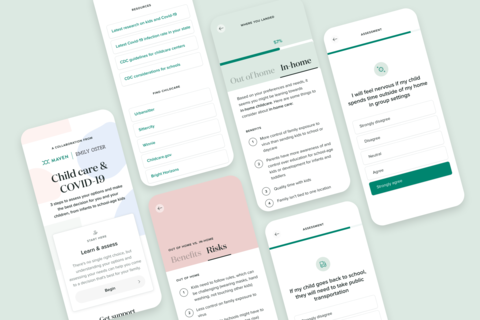 Maven COVID child care assessment tool smartphones with different screen shots of a child care assessment app