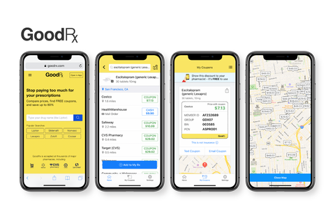GoodRx smartphone screens showing the GoodRx prescription discount app