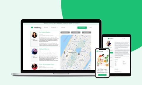 Headway computer screen, smartphone and tablet all showing Headway's technology platform to help patients find therapists
