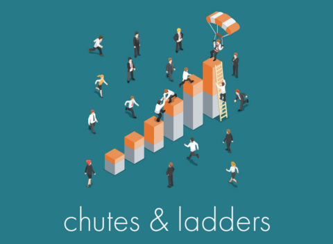 FierceHealthcare Chutes and Ladders artwork Graphic of workers with parachutes and ladders