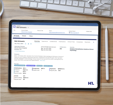 H1 screen shot of provider database showing doctor's name and affiliation and research